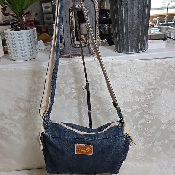 Butterfly Denim Shoulder Bag with  Multicolor Accents - Picture 6 of 8